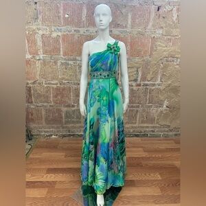 Camille La Vie One Shoulder Floral Dress in Green and Blue
